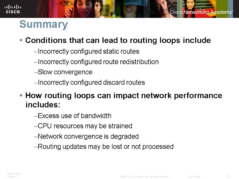 Summary Conditions that can lead to routing loops include Incorrectly configured static routes Incorrectly